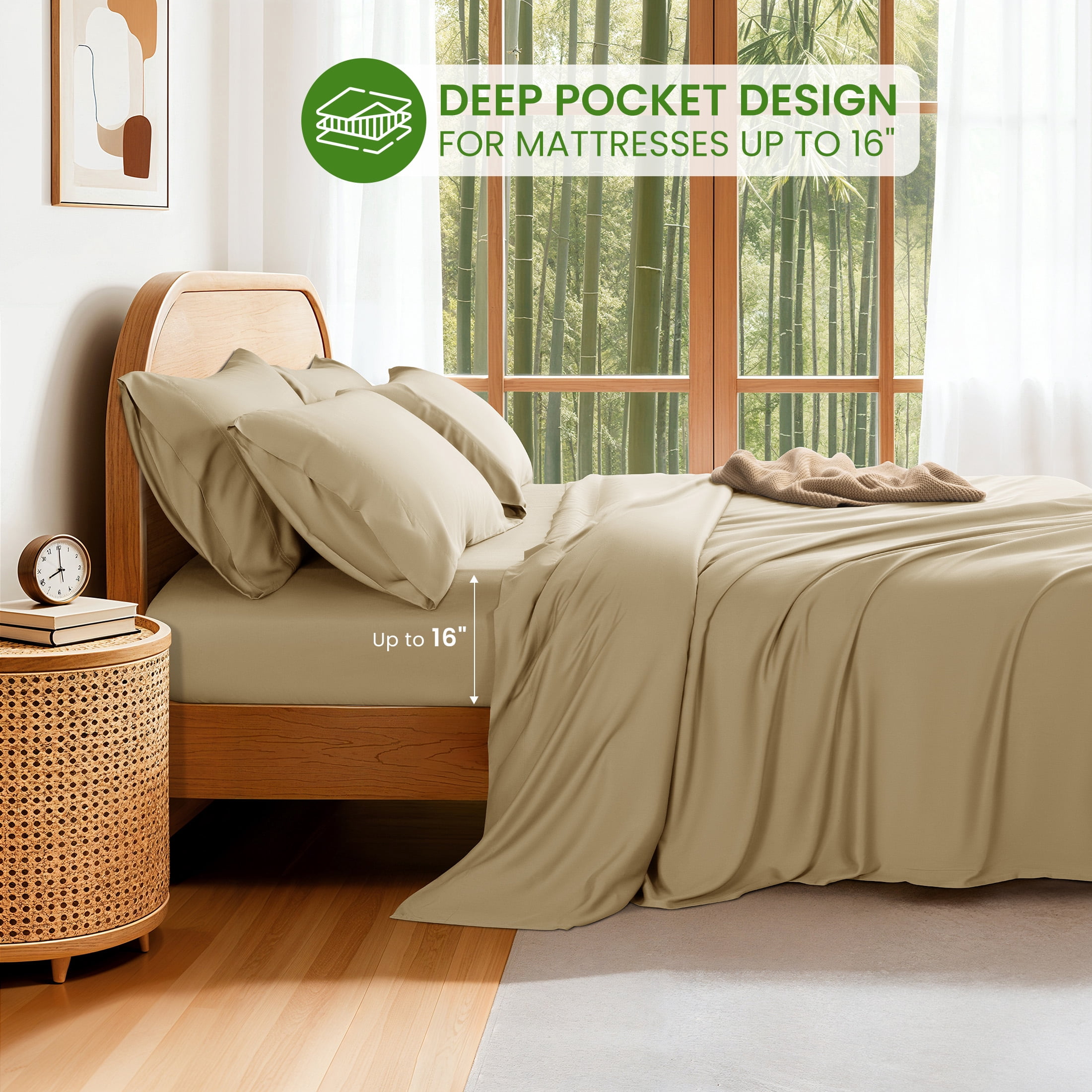 Sonoro Kate 100% Organic Luxurious Bamboo Sheets, Queen Sheet Set 6-Piece with 16" Deep Pocket, Silky Smooth Luxury Bed Sheets, Beige