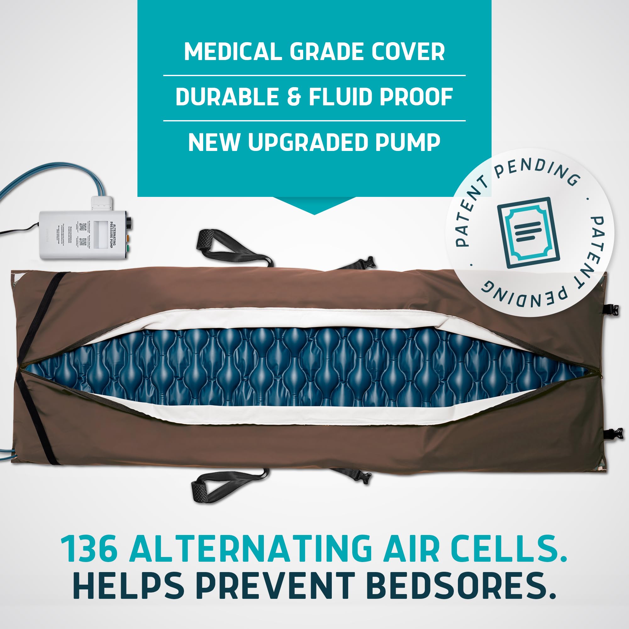 Lunderg Alternating Air Pressure Pad for Recliner Chair - Pressure Relief Cushion Topper for Recliner - Bedsore Prevention - Medical Grade Mattress Pad, Cover & Quiet Pump - Home or Hospital (Coffee)