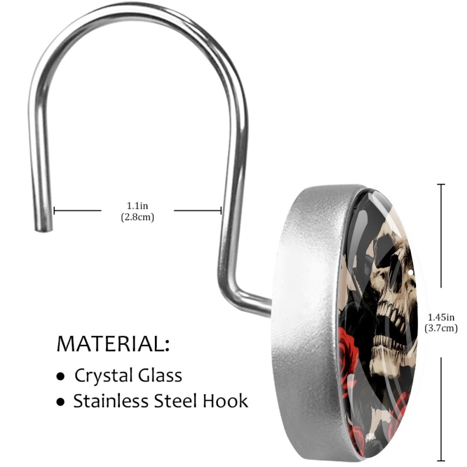 Black Crow Red Roses Dead Skull Shower Curtain Hooks Round Crystal Glass, Set of 12 Shower Curtain Rings - Shower Hooks for Curtain Shower Rings
