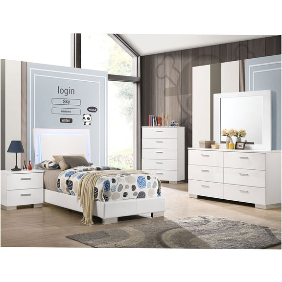 JERFIT 5-Piece Twin Bedroom Set with LED Headboard, High Gloss White Finish, Wood Platform Bed, Dresser, Nightstand & Chest