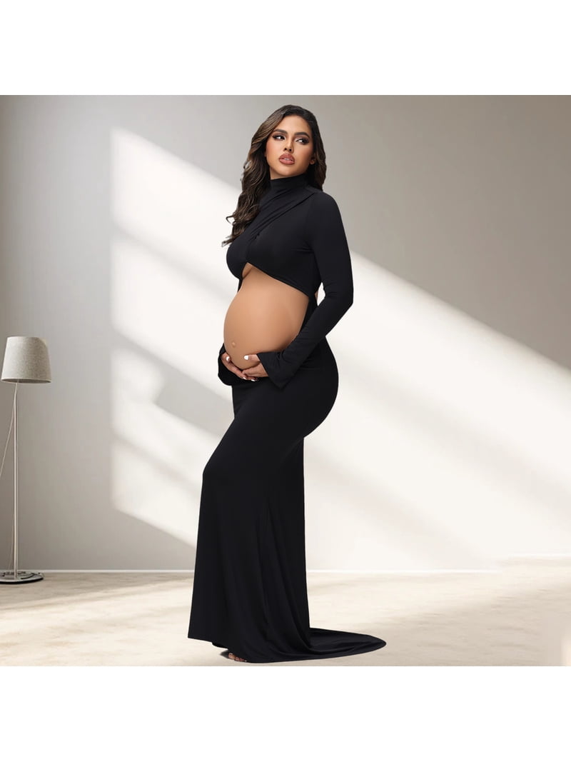 JustVH Maternity Long Sleeve Turtleneck Photography Dress Cut Out Belly  Sexy Gown for Baby Shower - Walmart.com