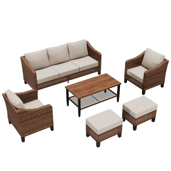 Mugovelo 6-Piece Patio Conversation Sets, Outdoor Sectional Sofa with Ottoman & 2-Tier Coffee Table, Modular Wicker Furniture for Backyard, Garden