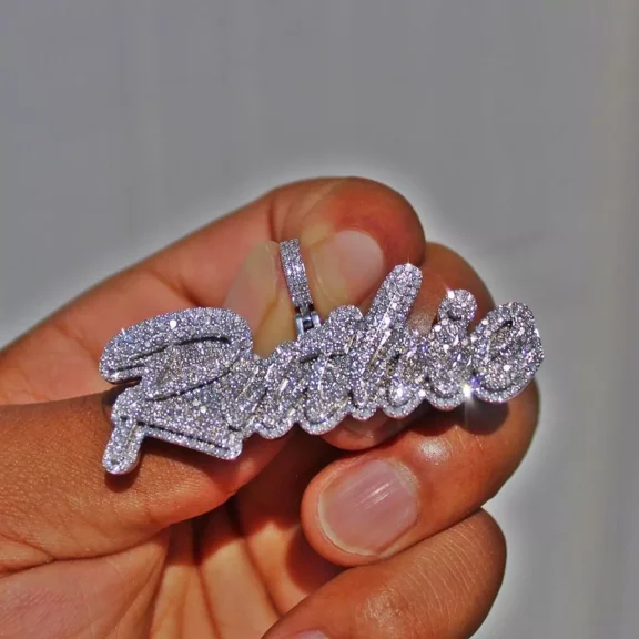 Men's 2Ct Real 10k White Gold Plated Custom Name Pendant Moissanite 1.5' Width