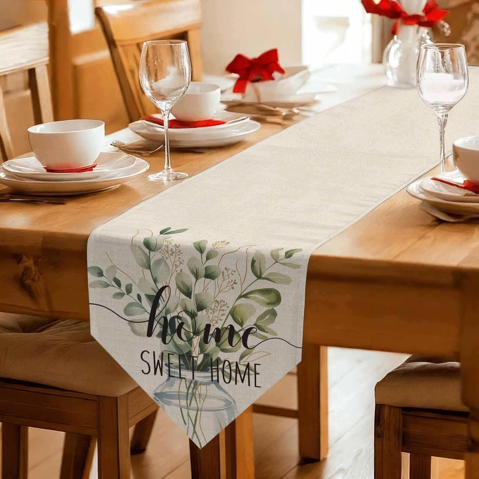 Spring Eucalyptus Leaves Table Runner Linen Burlap Table Runner 72 Inches Long Farmhouse Vintage Botanical Dresser Scarves for Kitchen Island Coffee Dining Room Party Wedding Holiday Decor 16"x72"