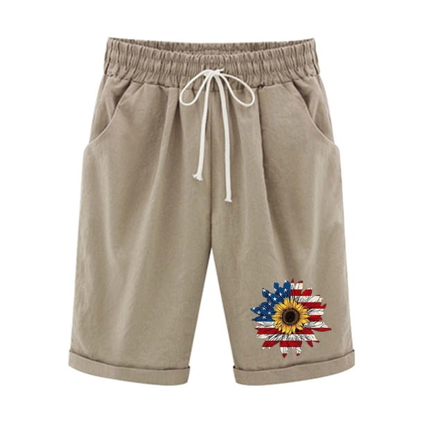Pantalones Cortos Casuales para Mujer Día de la Independencia Impreso Elástico de la Cintura, Pantalones Cortos de Verano para Mujeres