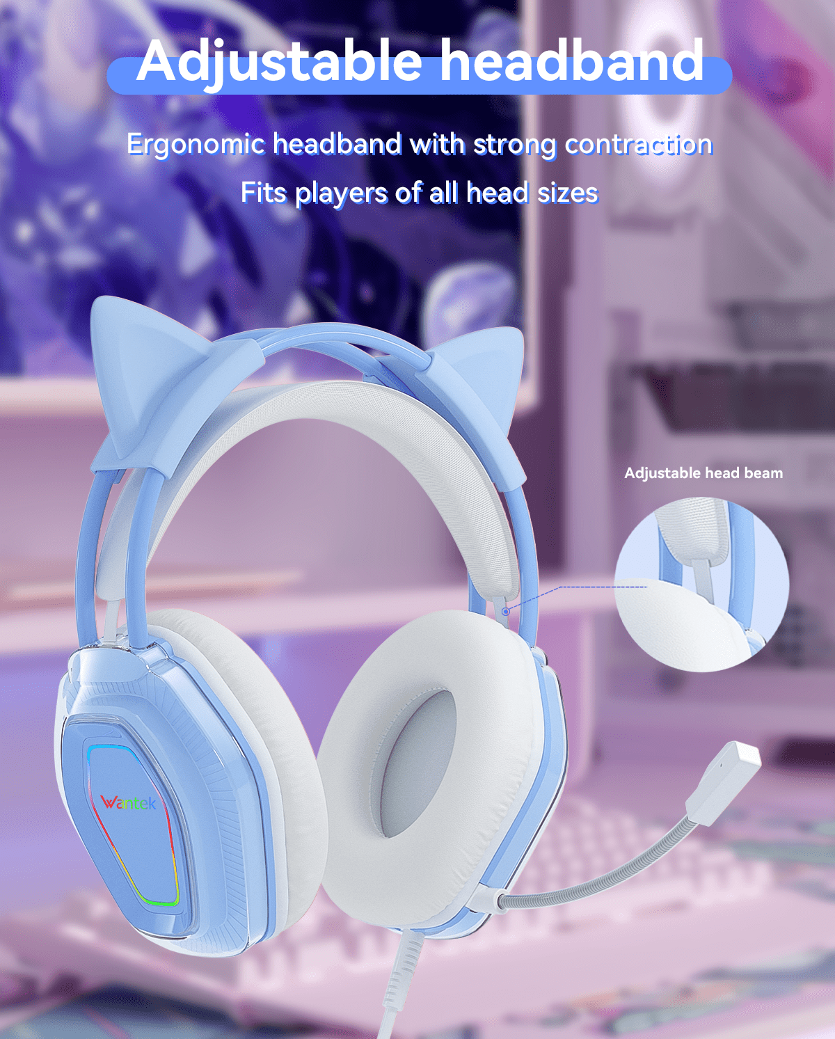 Wantek V10 Cat Ear Style Gaming Headset with comfortable fit and vibrant RGB lighting, Hi-Fi Sound - Blue