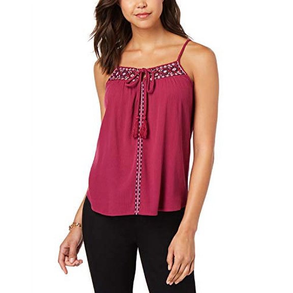 Almost Famous Juniors' Embroidered Tie-Front Tank Top (Deep Orchid, M)