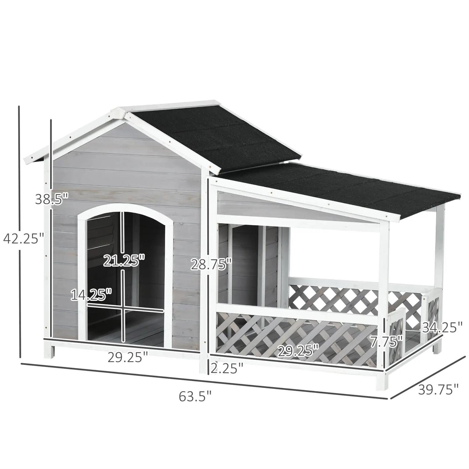Pefilos 63" Outdoor Cabin Style Dog House with Asphalt Roof & Shutter Window, Wooden Dog Kennel Weatherproof for Small to Large Dogs, Gray