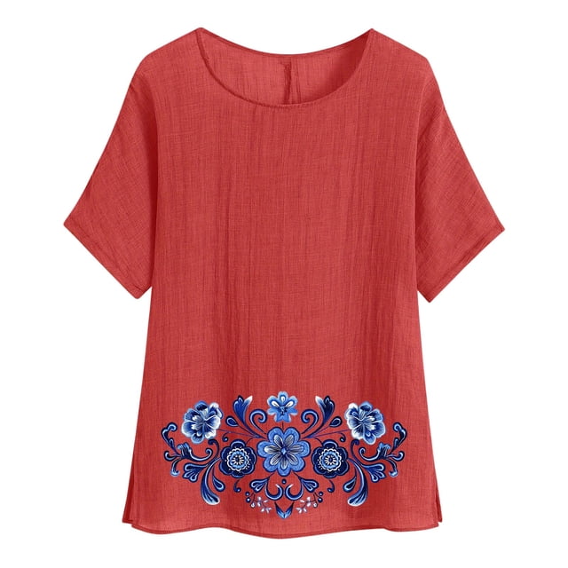 Camiseta de Mujer Camiseta de Manga Corta Impresión Casual Raglan Suelto de Lino Top Blusas, Cuello de la Tripulación