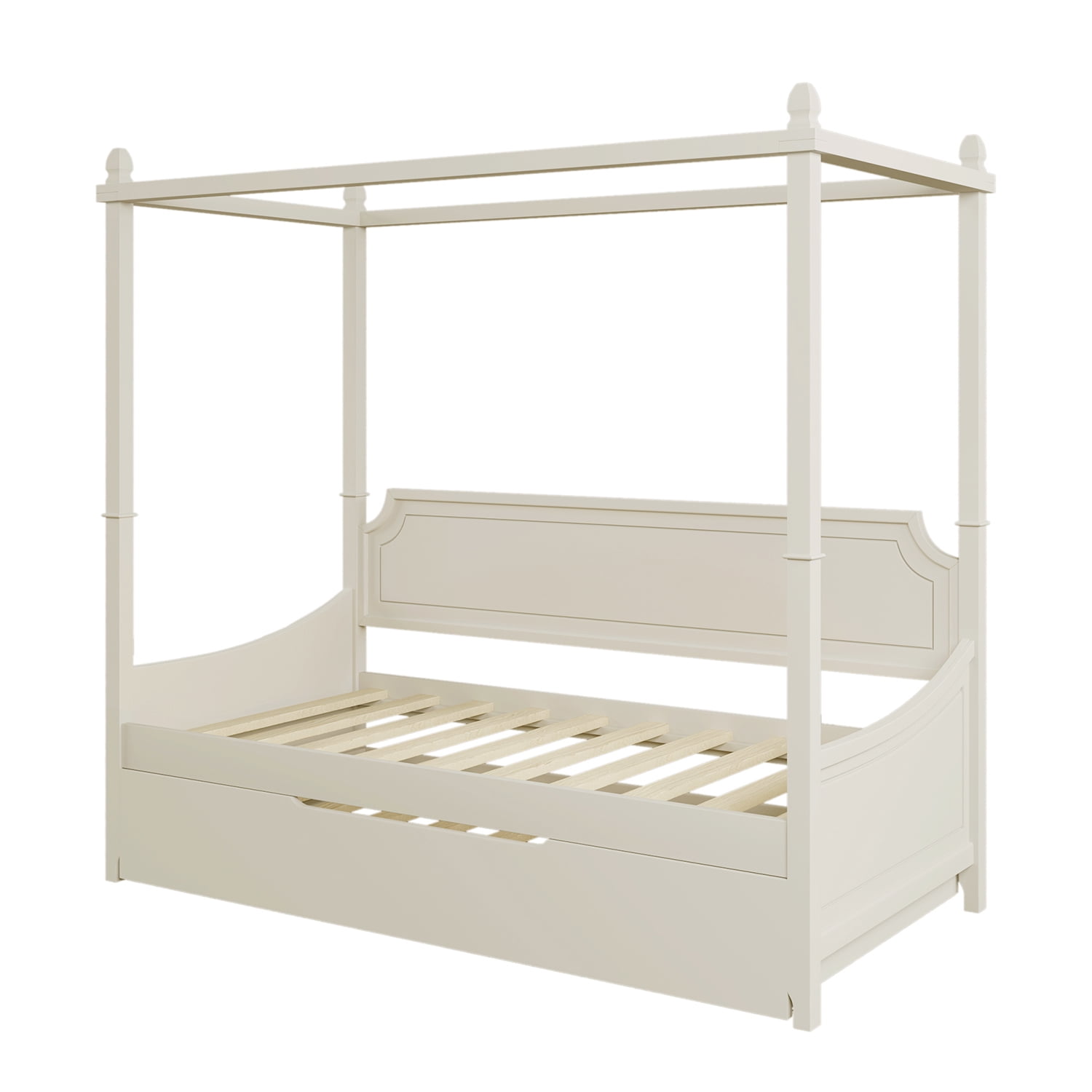 Kadyn Milky White Canopy Daybed, Twin Size Canopy Daybed Frame with Trundle Four Square Columns, Solid Wood Platform Bed Canopy Daybed Frame for Kids Adults Bedroom Dorm, White