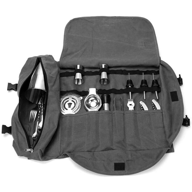 Sac Fourre-Tout Kit de Barman, Grand Sac de Rouleau de Barware, Outil de Fabrication de Cocktails, Sac de Bar Portable, Kit d'Accessoires de Bar Rouleau de Pochette, Ensemble de Rangement Multi-Fonctions (Gris)