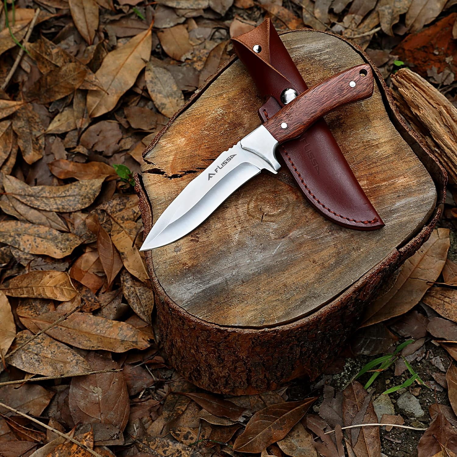 FLISSA Fixed Blade Knife with Sheath, 9.8'' Full Tang Hunting Knife with High Carbon Steel Blade, Non-Slip Rose Wooden Handle, Lanyard Hole, Camping Knives for Hiking, Hunting, Survival, Camping