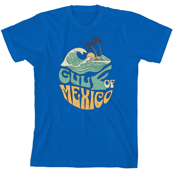Gulf of Mexico Wave Text Youth Royal Blue Crew Neck Short Sleeve Tee-Medium