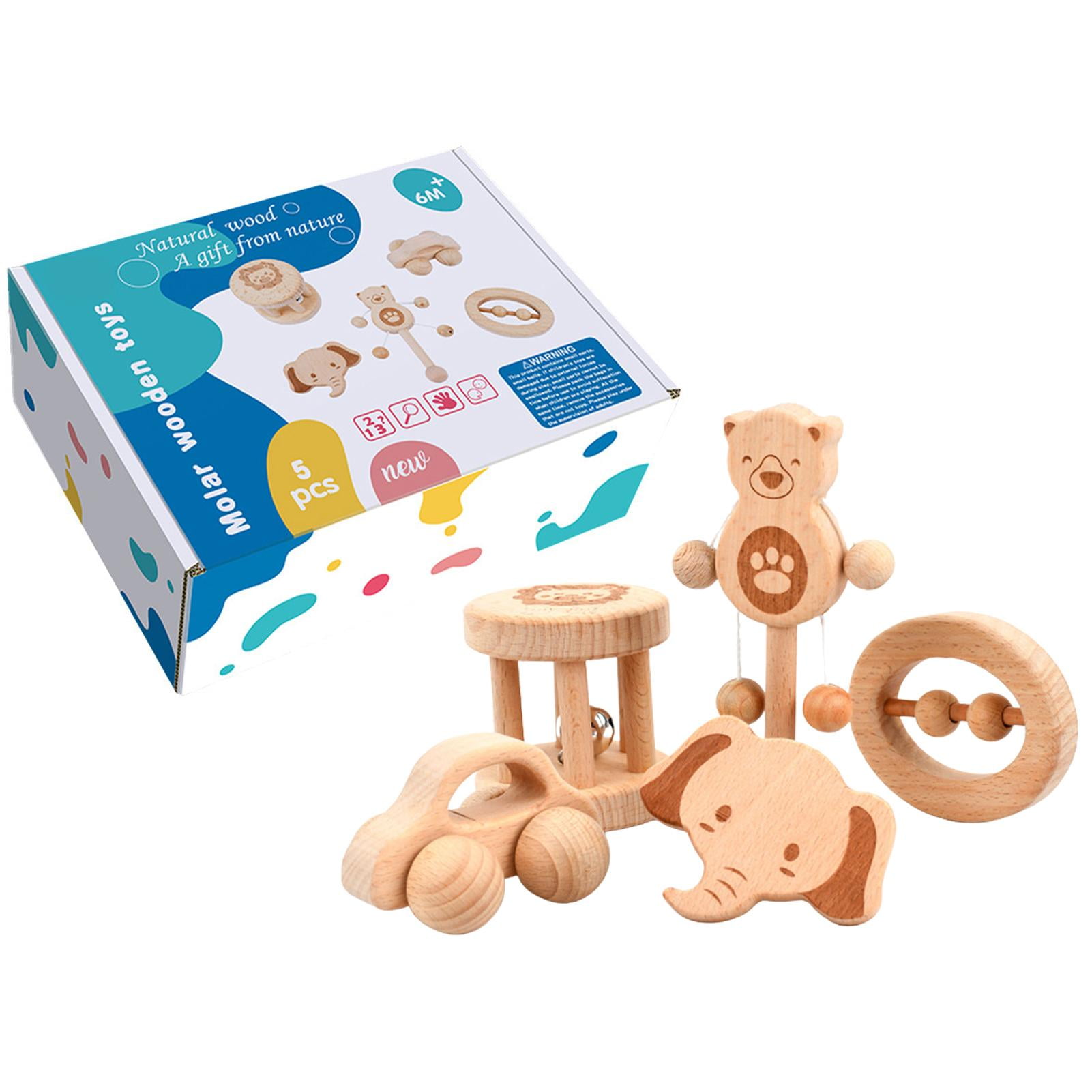 Baby Wooden Teether Rattles Montessori Toys Newborn Toddler Teething Ring Gift 