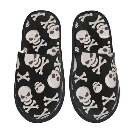 Balery black white Skull bone Slient Indoor Furry Fleece Comfort House Shoes Soft Non-Slip Home Shoes Cotton slippers House Slippers-- Medium