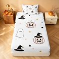 thumbnail image 4 of Homewish Halloween Pastel Striped Pumpkin Twin Sheets for Girls, Bow Ghost Witch Hat Bedding, Pink White Gold, 3-Piece (1 Flat Sheet, 1 Fitted Sheet and 1 Pillowcase), 4 of 6