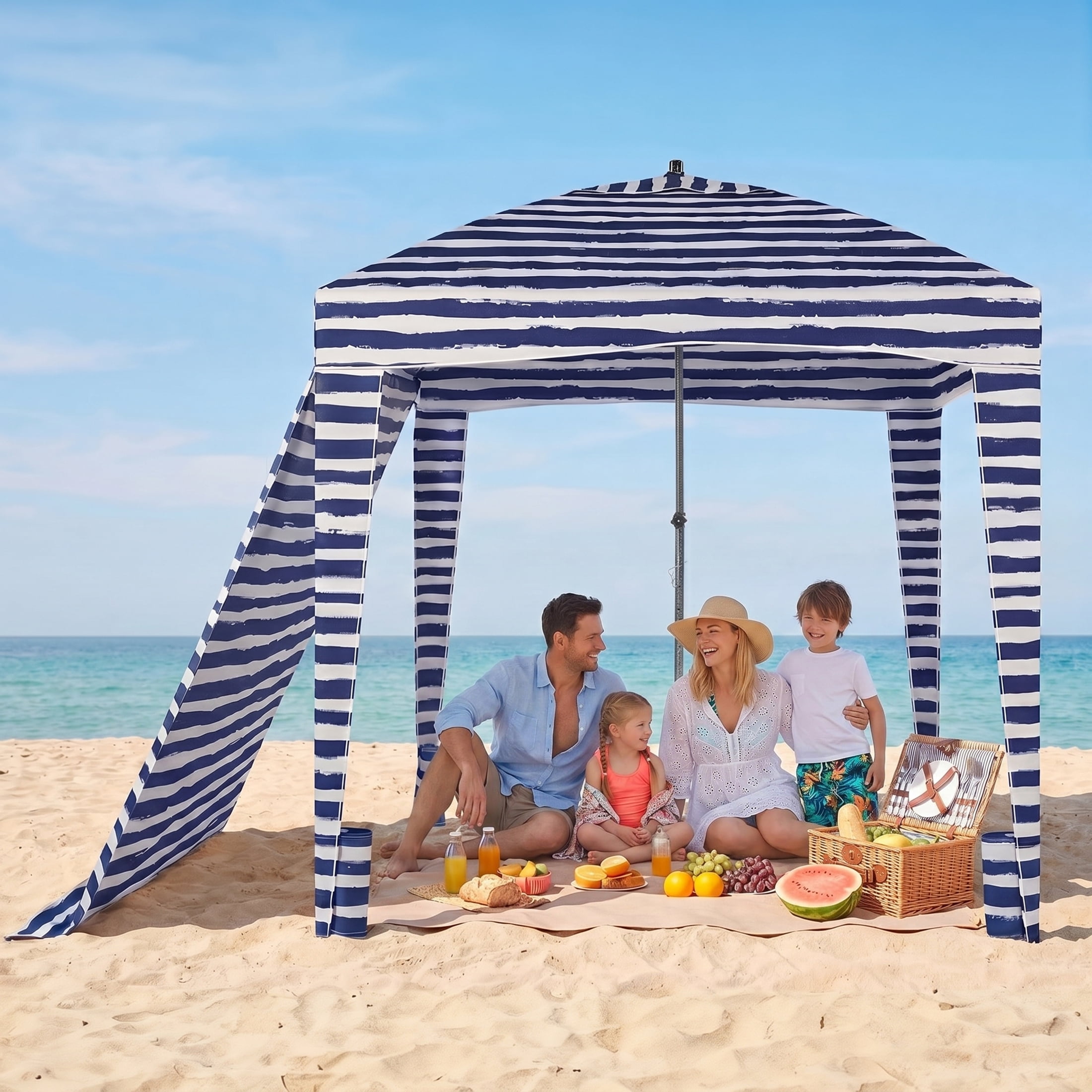 EDX Portable Beach Cabana Shelter Canopy, UPF 50+ Sand Pocket Sun Shade with Carry Bag, Easy Setup Waterproof Outdoor Beach Tent with Vent Top, for Kids, Family & Friends, Blue