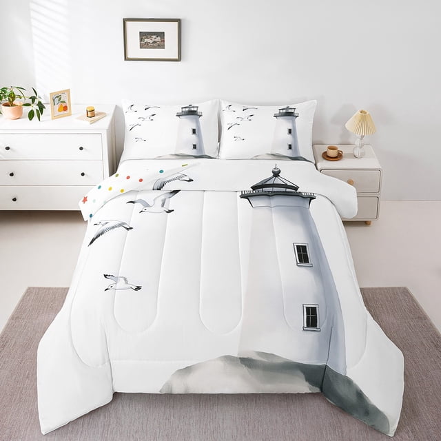 Erosebridal Watercolor Nautical Lighthouse Bedding Twin Comforter Set, Seagull Bird Down Comforter, Reversible 2 Pieces