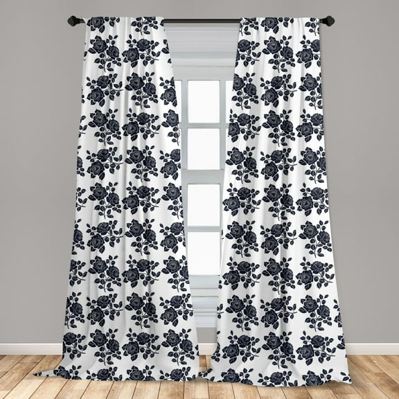 Rose Curtains 2 Panels Set, Romantic Composition with Petals and Foliage Leaves Monochrome Illustration, Window Drapes for Living Room Bedroom, 56"W X 95"L, Dark Blue and White, by Ambesonne