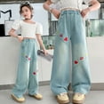 thumbnail image 3 of Fozruso Girls Loose Sweatpants Girls Pants For Daily Wear Heart Embroidered Wide Leg Straight Denim Trousers For Ages 8 14 Comfortable Elastic Waist For Spring And Summer Sizes 11-12 Years, 3 of 6