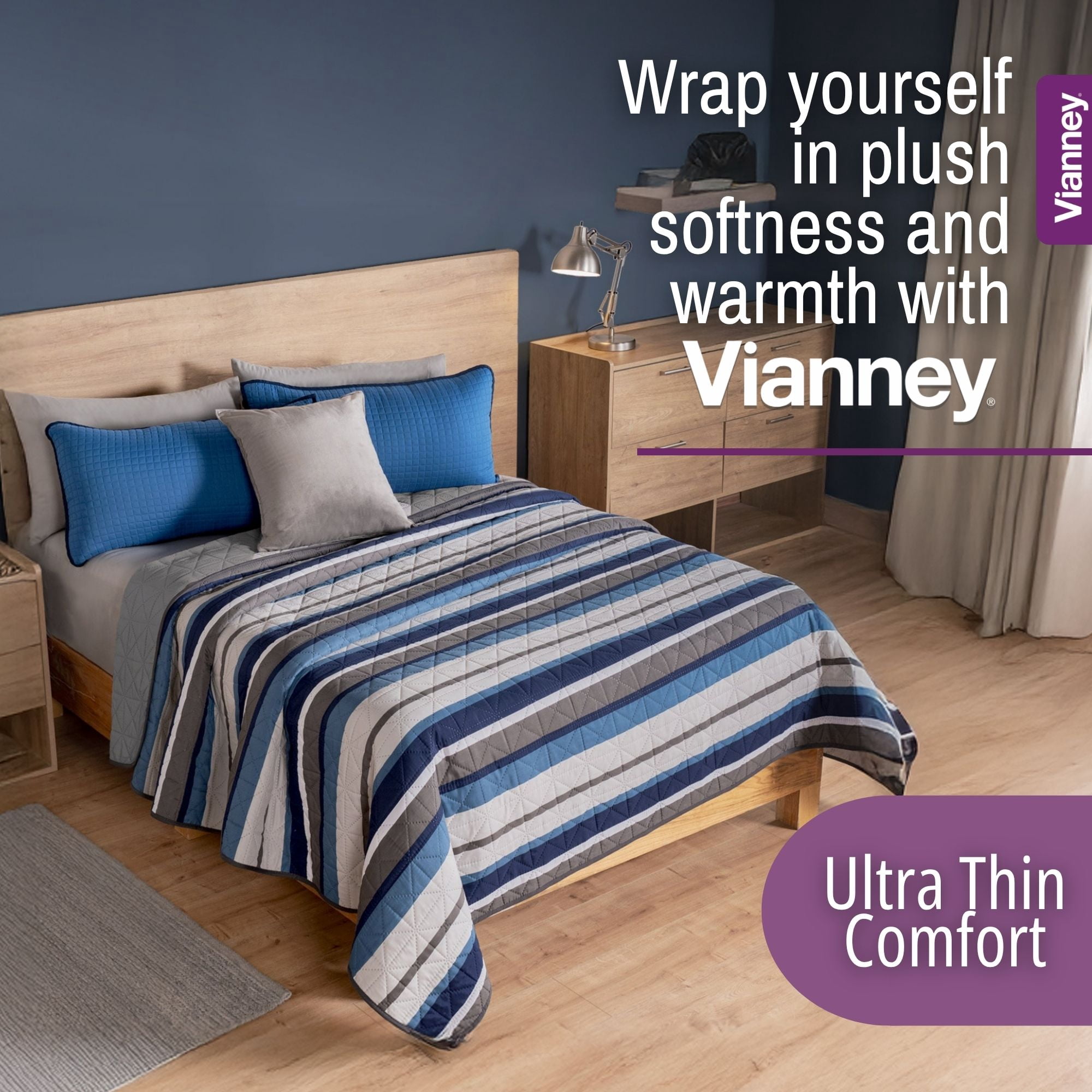 Vianney - Twin Comforter - 1 Piece - Reversible Lightweight Quilted Blanket in Blue and Grey Striped Design - Soft Breathable Bedspread for Year-Round Comfort 71x93 inches