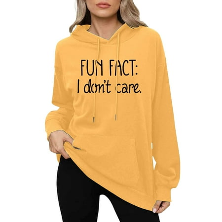 Fshinging Letter Print Design Hoodie Women Fashion Long Sleeve Drawstring Hooded Sweatshirt with Pocket Yellow L