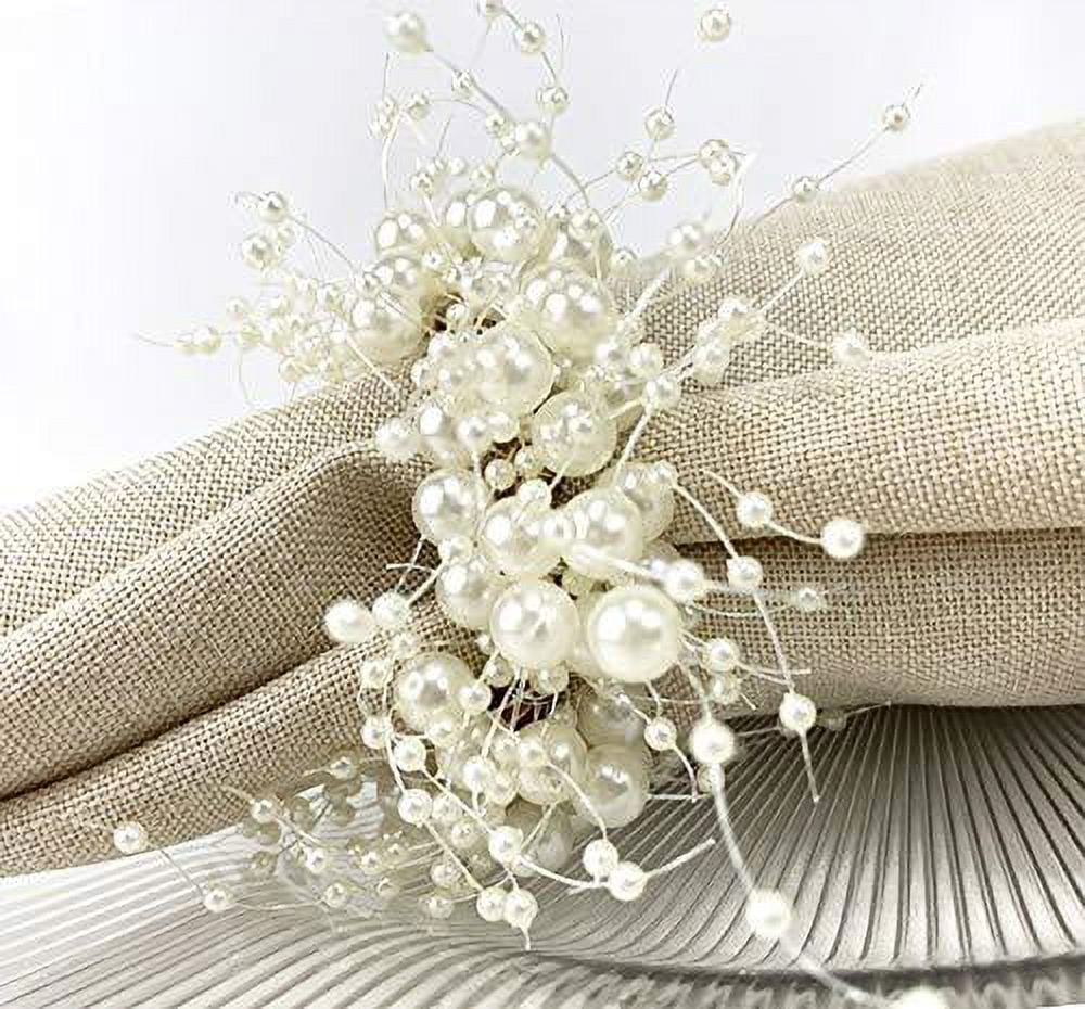 Fennco Styles Handmade Beaded Faux Pearl Wreath Napkin Rings Set of 4 Ivory Napkin Holders for Home Decor Dining Room Wedding Banquets and