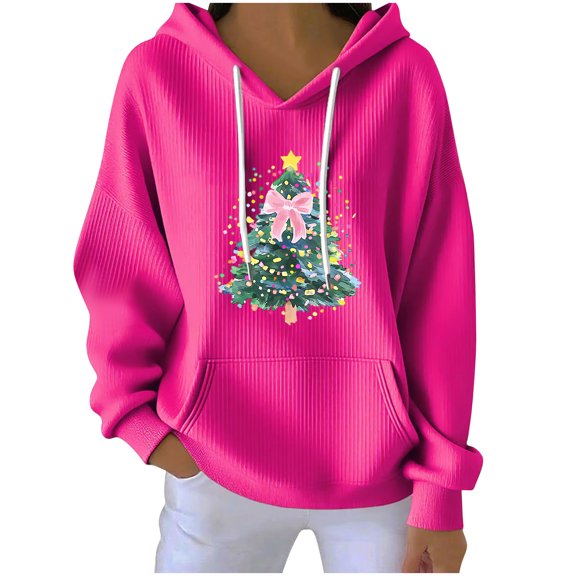 Lorytime Christmas Sweatshirts for Women Christmas Tree Print Shirt Long Sleeve Pullover with Pocket Loose Tops