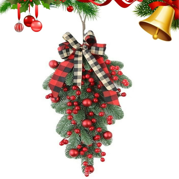 Christmas Teardrop Swags with Light, 23.6inch Artificial Pine Swag with Bowknot, Red Berries and Pinecone, Winter Pine Needles Swag Greenery Cedar Swag for Xmas Table Door Decor