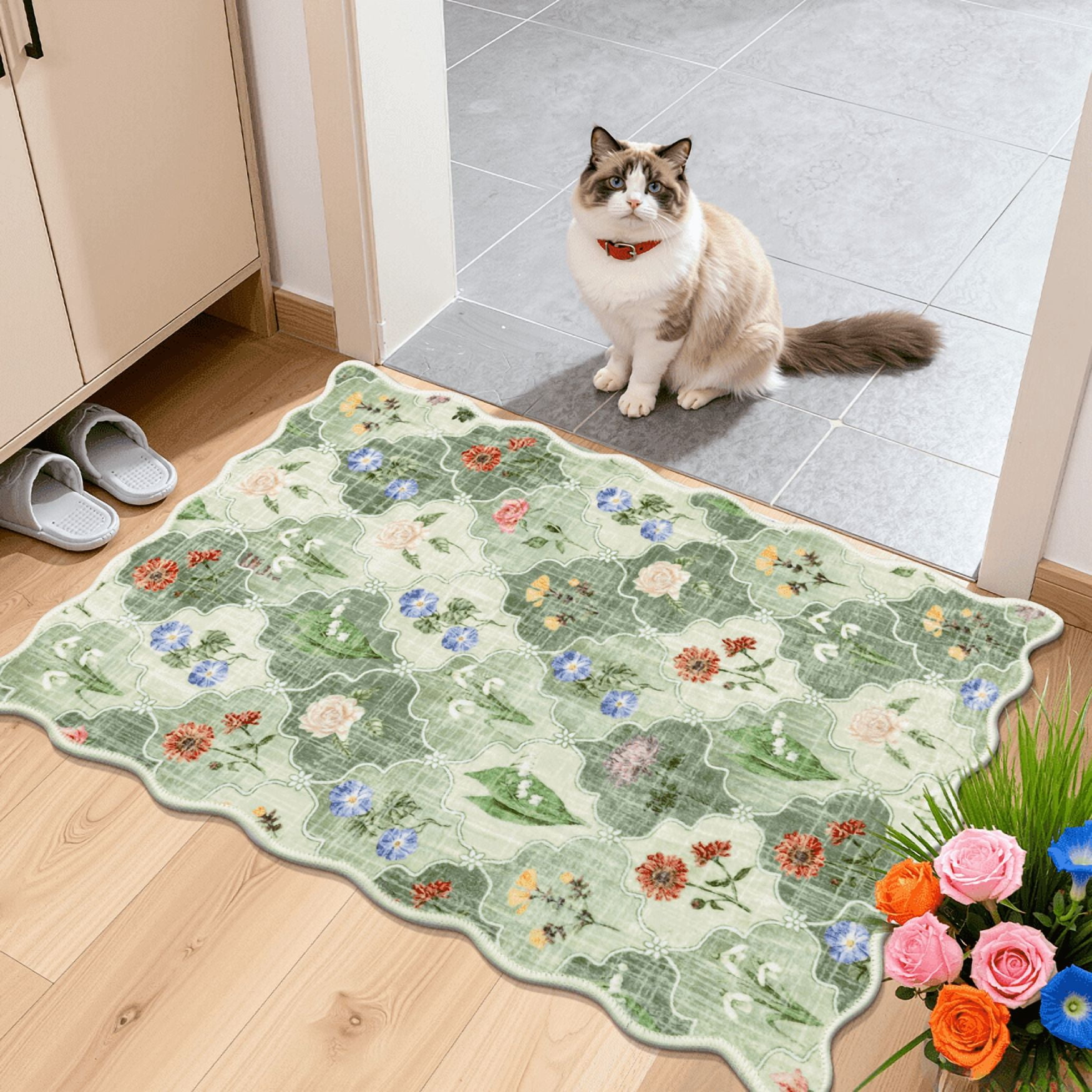 MJIAexp 2x3 Moroccan Floral Rugs for Entryway,Washable Kitchen Rugs Soft Rug, Non Slip Indoor Door Mat Stain Resistant Boho Small Rug Low-Pile Throw Rug for Bathroom Bedroom,Green