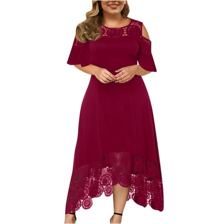 

Plus Size Dress for Women Lace Hollow Short Sleeve Dress Splicing Irregular Hem Flowing Dress