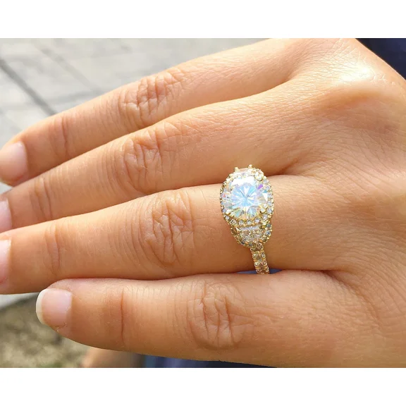 4Ct Cushion Cut Lab Created Diamond 3 Stone Wedding Ring 14k Yellow Gold Plated