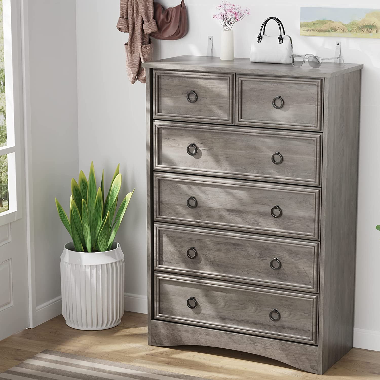 6 Drawer Dresser for Bedroom, Chest of Drawers Wood Storage Cabinet for Living Room,Gray