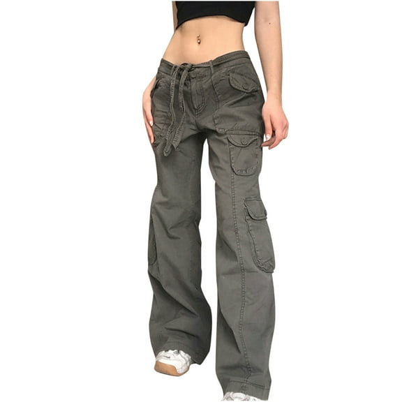 Giftesty Womens Pants Clearance!Women's Casual Loose Drawstring Belt High Waist Pocket Wide Leg Denim Pants