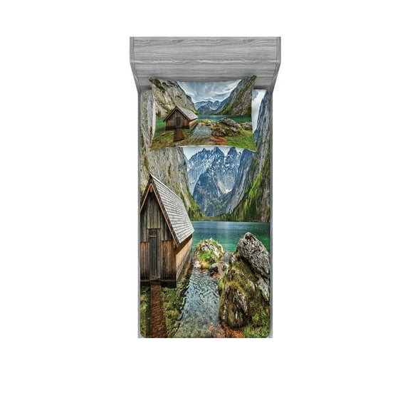 Ambesonne Colorful Fitted Sheet & Pillow Sham Set, Alpine Mountains View, Twin, Multicolor