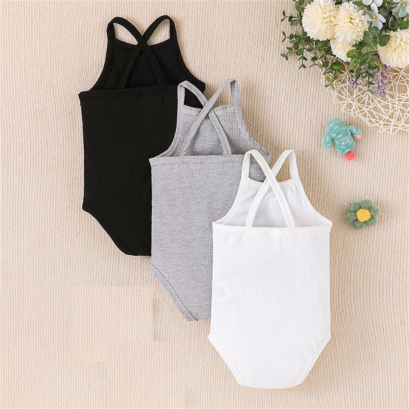 Baby Cotton Bodysuit 3 Pack Sleeveless Ribbed Rompers Cross-Back Basic Onesies Unisex Casual Short Jumpsuits, Black, 6 Months
