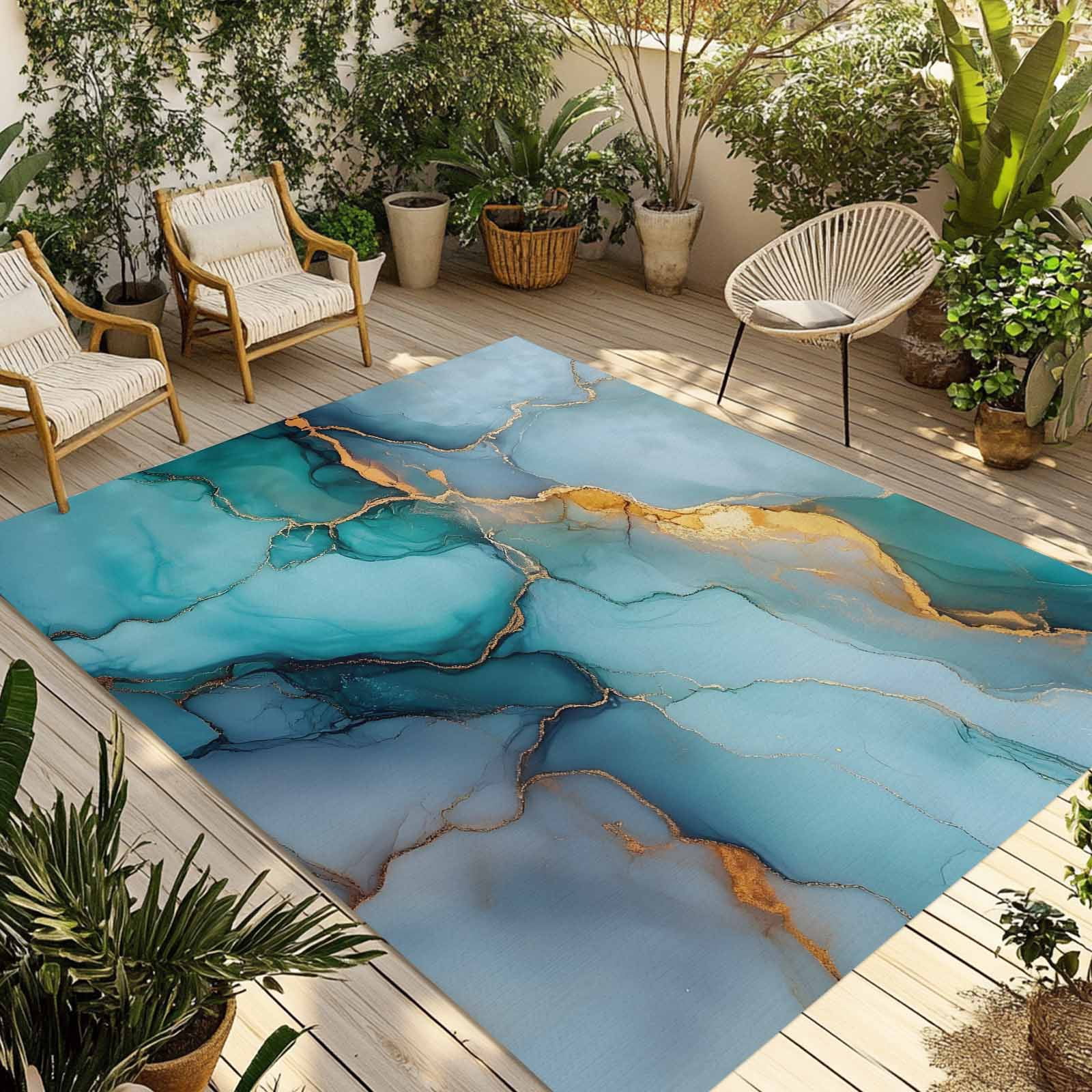 Outdoor Rug 5x8ft Ombre Turquoise Golden Marble Large Area Rug Modern Art Indoor Outdoor Carpet Outdoor Rugs Mats for Patio Camping,RV,Front Door, Outside Decor