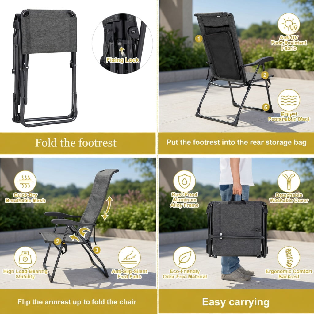 Hommoo 4-Piece Adjustable Reclining Patio Chair & Ottoman Set, Steel Frame with Breathable Mesh, Foldable Outdoor Dining Chairs for Backyard, Garden, Poolside, Gray