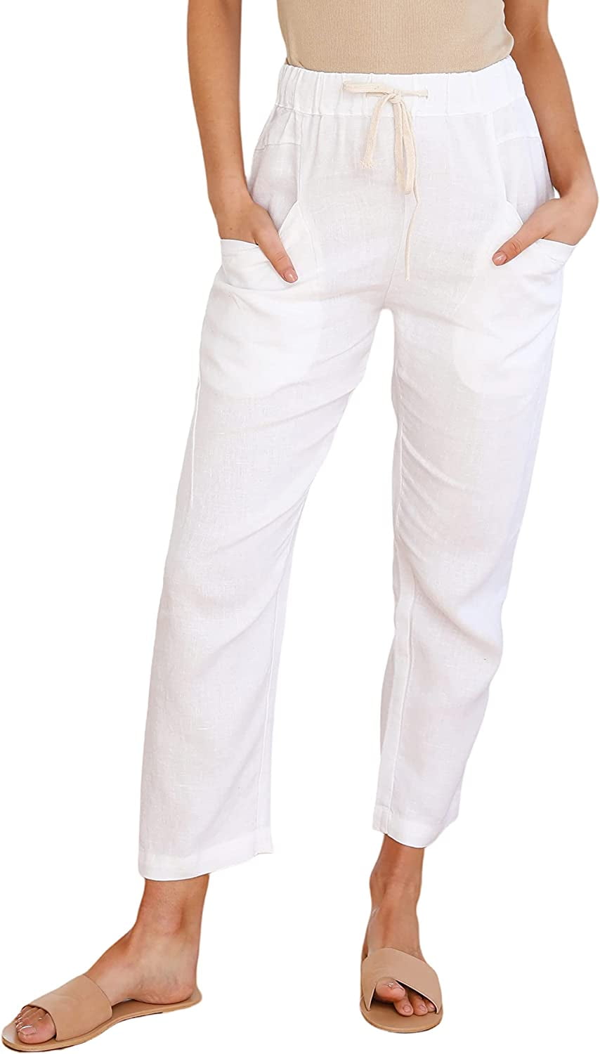 DanceeMangoos Womens Beach Pants Casual Summer Pull On White Cotton