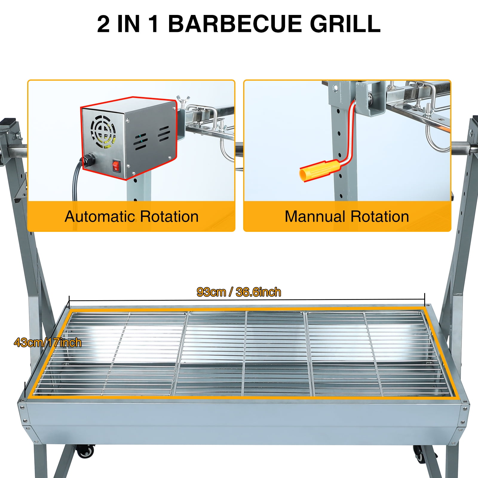 Ecojoy Rotisserie Grill Roaster, 132lbs Charcoal Grill Outdoor BBQ Grill Pig Lamb Spit Roaster with 25W Motor and Hand Crank