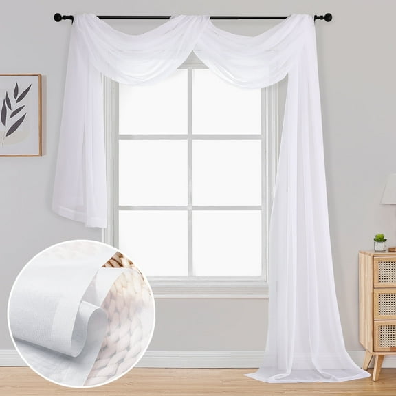 OVZME White Sheer Scarf Valances for Windows 216 inch Extra Long, Window Scarf Drapes Rod Pocket Backdrop for Wedding Arch Draping/Party/Canopy Bed/Living Room, 1PC, 42 inch Width, 18 Feet Length