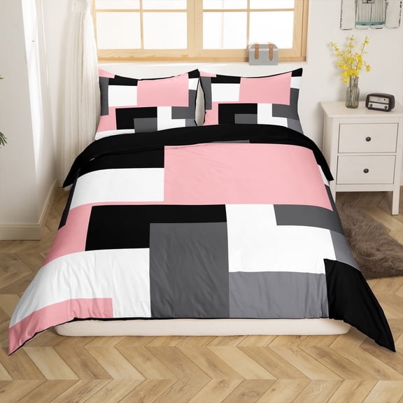 Erosebridal Geometric Sqare Comforter Cover Twin,Abstract Artwork Bedding Twin Size,Grey Pink Duvet Cover Twin,Ultra Soft Rectangle Room Decor(No Comforter),Reversible,3pcs