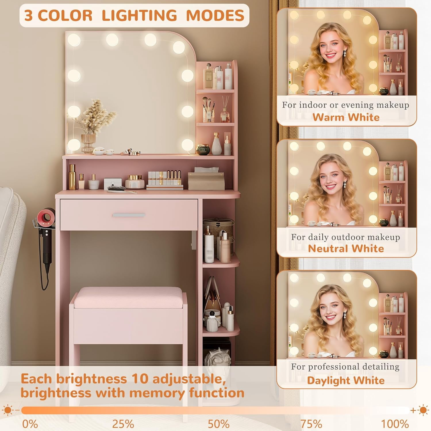 Makeup Vanity Set with Chair, Vanity Desk with Mirror and Lights, Power Outlet for Small Space, Pink