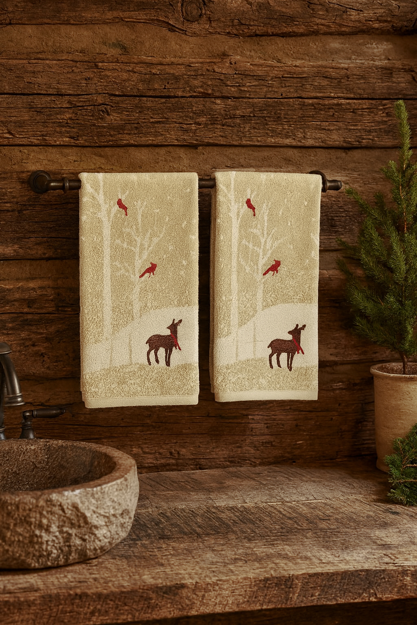 St. Nicholas Bath Hand Towels, Woodland Winter Deer Cardinals, 16" x 25" Cotton 2-piece