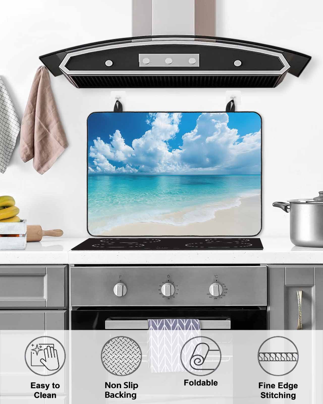 nqOlkjepod Large Induction Cooktop Protector Mat 24"x21", Blue Ocean Stove Top Covers for Electric Stove, Beach Coastal Nature Sky Decorative Stove Burner Cover Mats, Glass Top Stove Cover