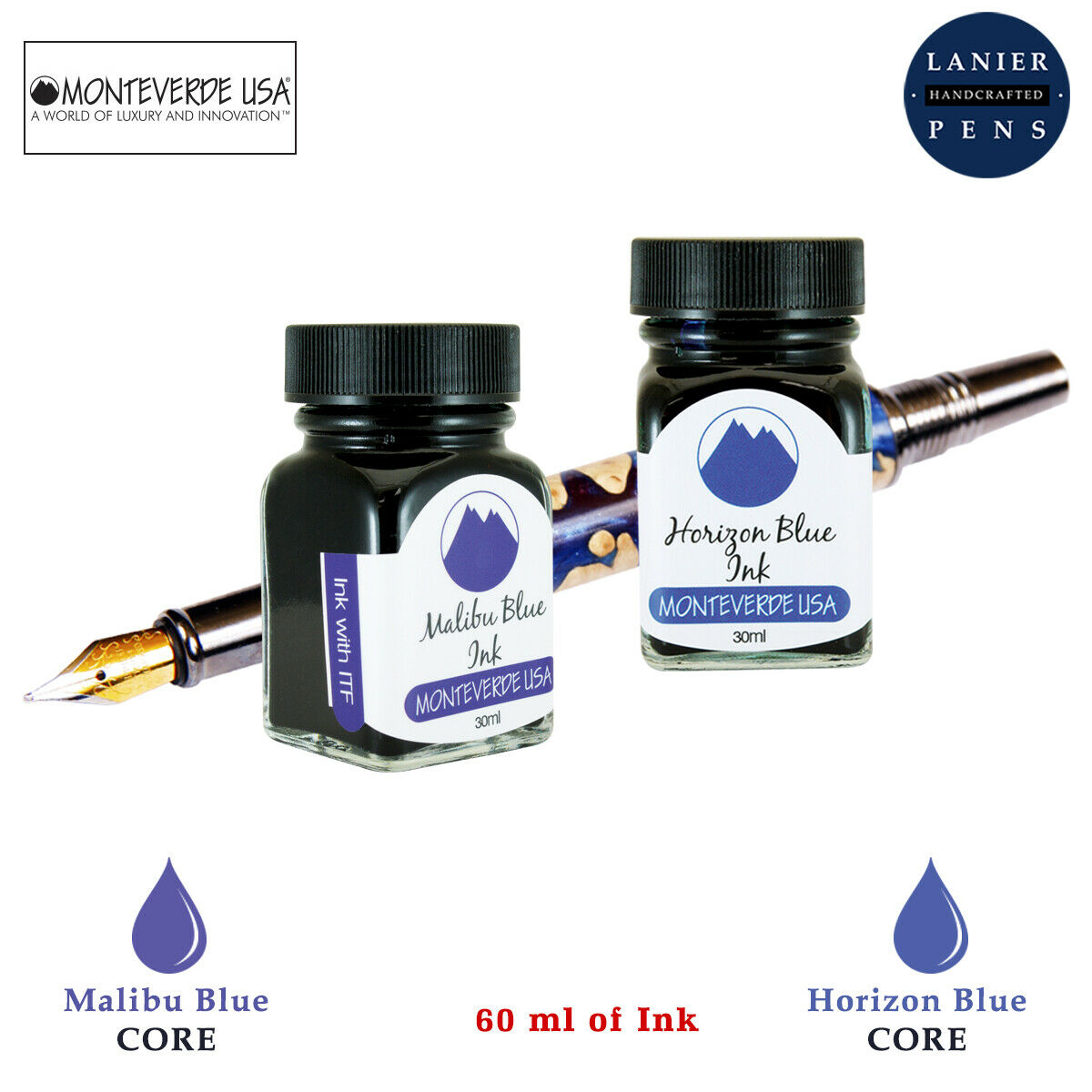 Monteverde 60ml Core Fountain Pen Ink Bottle (30ml Malibu Blue Ink Bottle G309MU, 30ml Horizon Blue Ink Bottle G309HB)