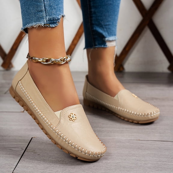 Women's Loafers Leather Slip-On Comfort Shoes with Arch Support - Floral Embroidery Lightweight Flat Shoes for Casual Walking & Dress (1 Pair)
