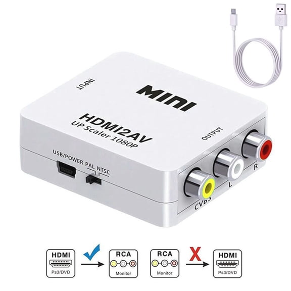 HDMI To RCA Converter,1080P HDMI To AV RCA Composite CVBS Video Audio Converter Adapter Supporting PAL/NTSC Compatible Xbox/PS2/Wii/SNES/N64VHS/DVD