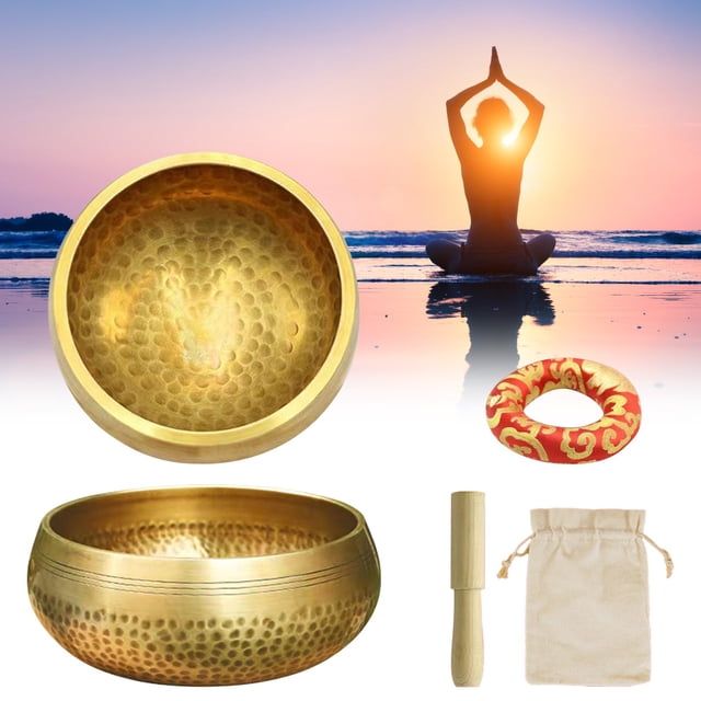 Fiudx Juego de Cuencos Tibetanos, Cuenco Sonoro Artesanal con Cojín de Seda y Mazo de Madera, Ideal para Yoga y Meditación, Alivio Del Estrés y Sanación de Chakras, Diámetro de 7,6 Cm. Incluye Juego