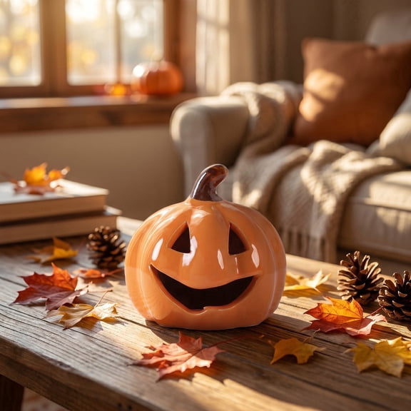 Fall Thanksgiving Table Centerpiece Ceramic Figurine, Hollow Light Up Pumpkin LED Glow Lamp, Spooky Tabletop Ornament For Halloween Indoor Outdoor Party